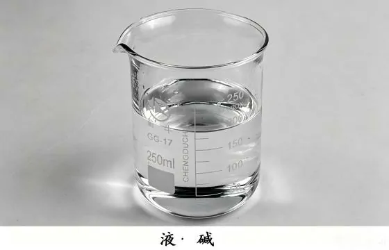 透明玻璃烧杯内装有清澈的液碱溶液，放置在浅灰色背景上