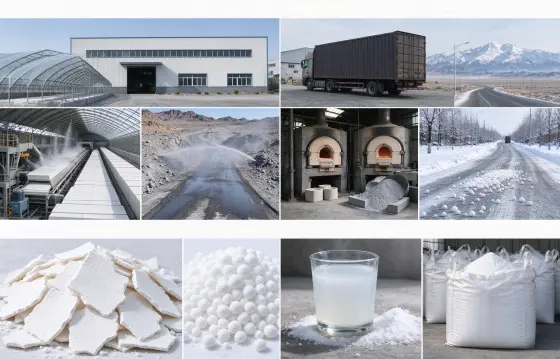 菱镁建材、矿区抑尘、耐火材料、市政融雪行业，展示片状、球状氯化镁原料，搭配菱镁板材生产线、戈壁矿区喷淋、耐火窑炉、冬季道路撒布作业与新疆仓储货运场景，呈现氯化镁全疆原料供应业务实景。