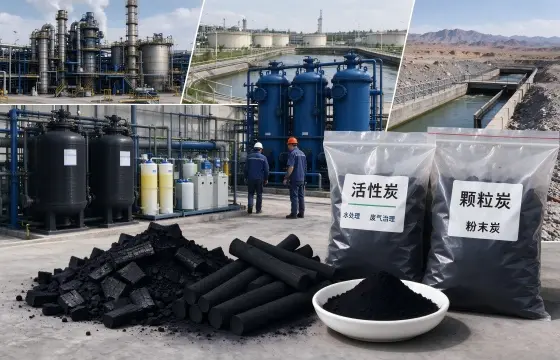 工业园区内摆放粉末、颗粒、柱状活性炭样品与袋装原料，工作人员现场巡检；活性炭可用于煤化工、市政污水、矿山尾水、工业废气治理等环保领域。