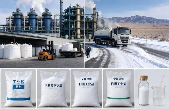 仓库摆放袋装大颗粒软水盐、精制工业盐、日晒融雪盐样品；工业盐可用于锅炉软化水、化工生产、市政冬季融雪、皮革鞣制等新疆多行业。  